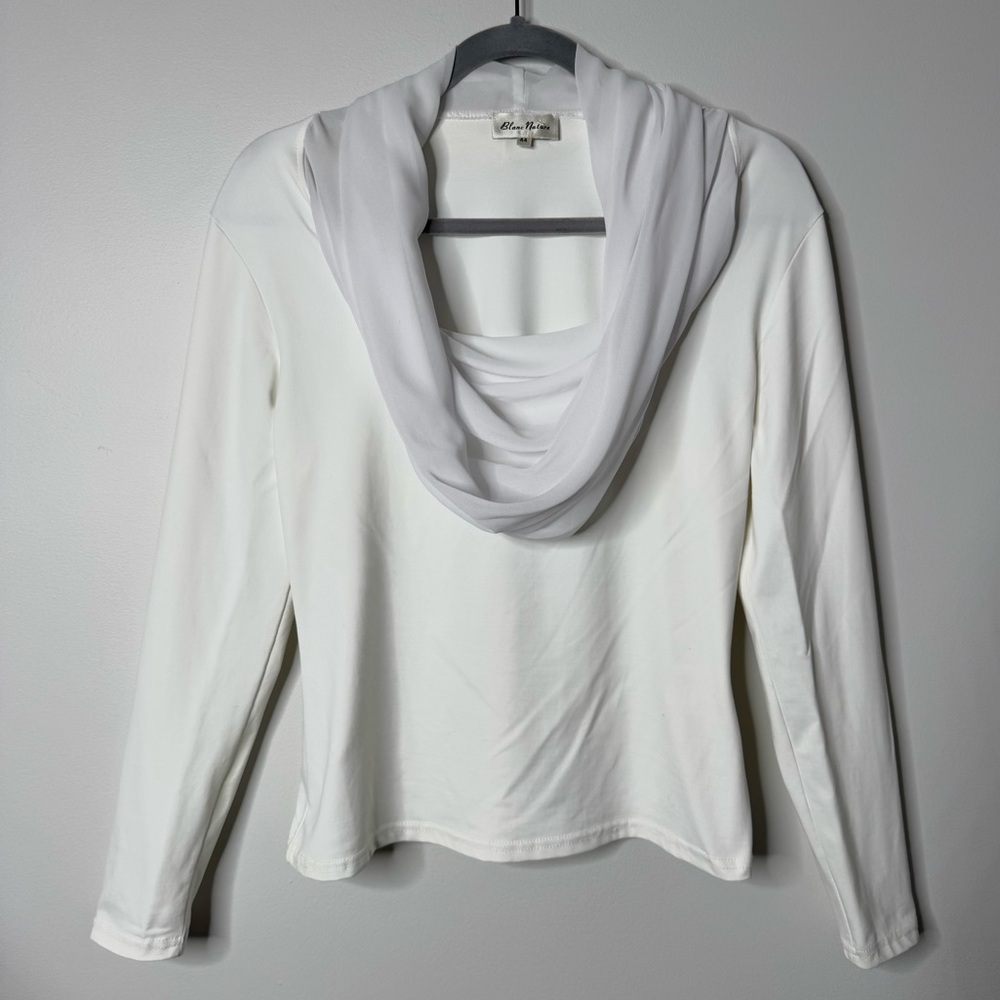 Blanc‎ Nature White Sheer Contrast Cowl Neck Y2K Style Stretch Long Sleeve Top